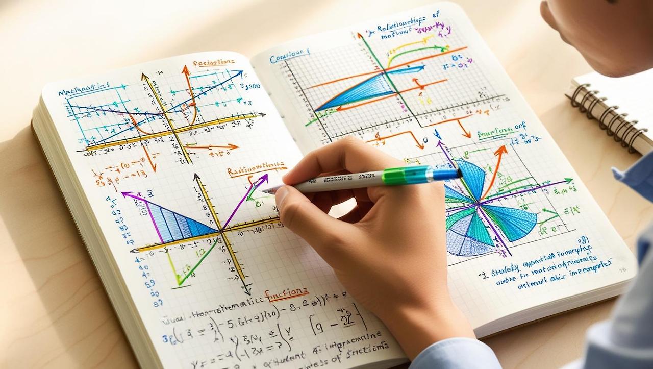 An open notebook with sketches of mathematical graphs, coordinate axes, visual interpretations of functions, and arrows connecting different concepts. Show a student’s hand drawing or annotating with colored pens. .jpg