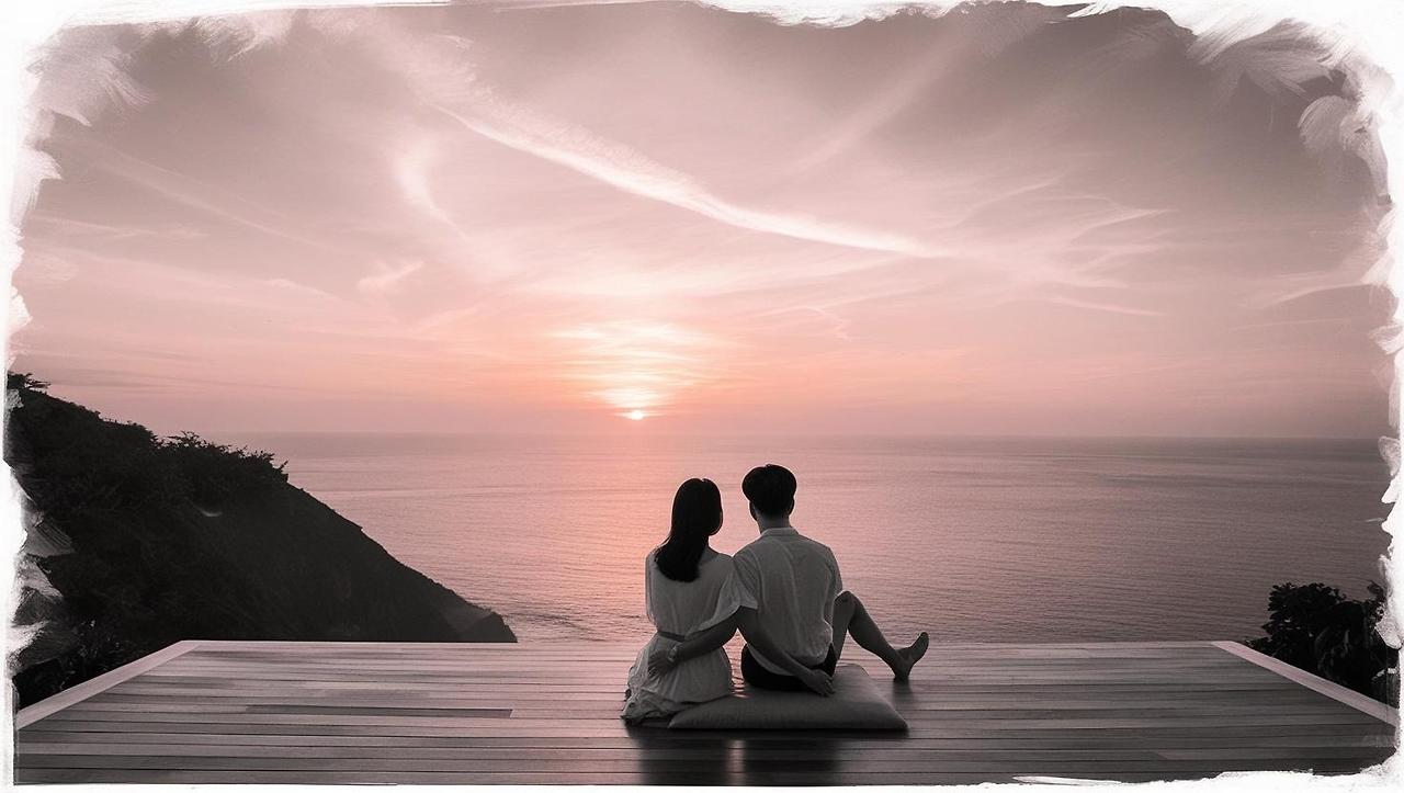 A poetic sunset view at Bulgari Resort Bali, seen from a private cliffside villa. A Korean couple in their twenties sits side by side on a wooden deck, legs gently touching, silently watching the horizon. The s (2).jpg