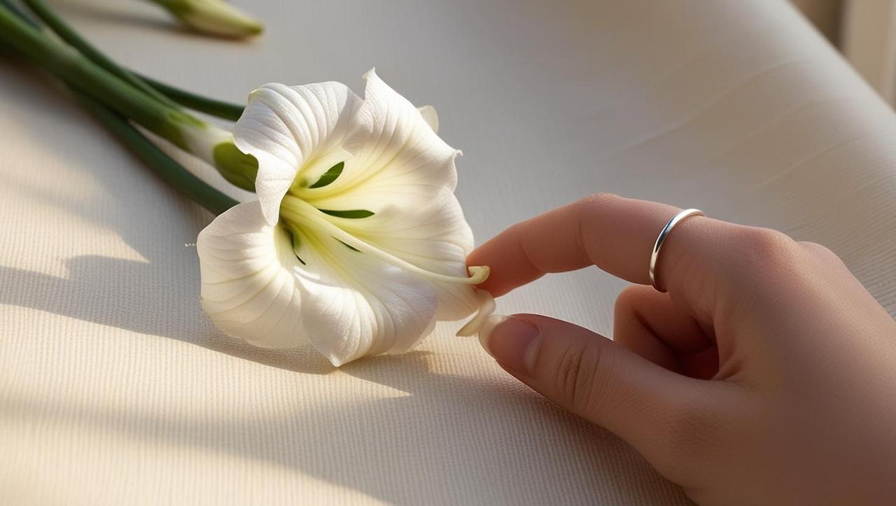 A close-up of a delicate white lisianthus flower resting on beige wrapping fabric, touched gently by a teenage girl’s hand, soft shadows and sunlight blending in the frame. (1).jpg