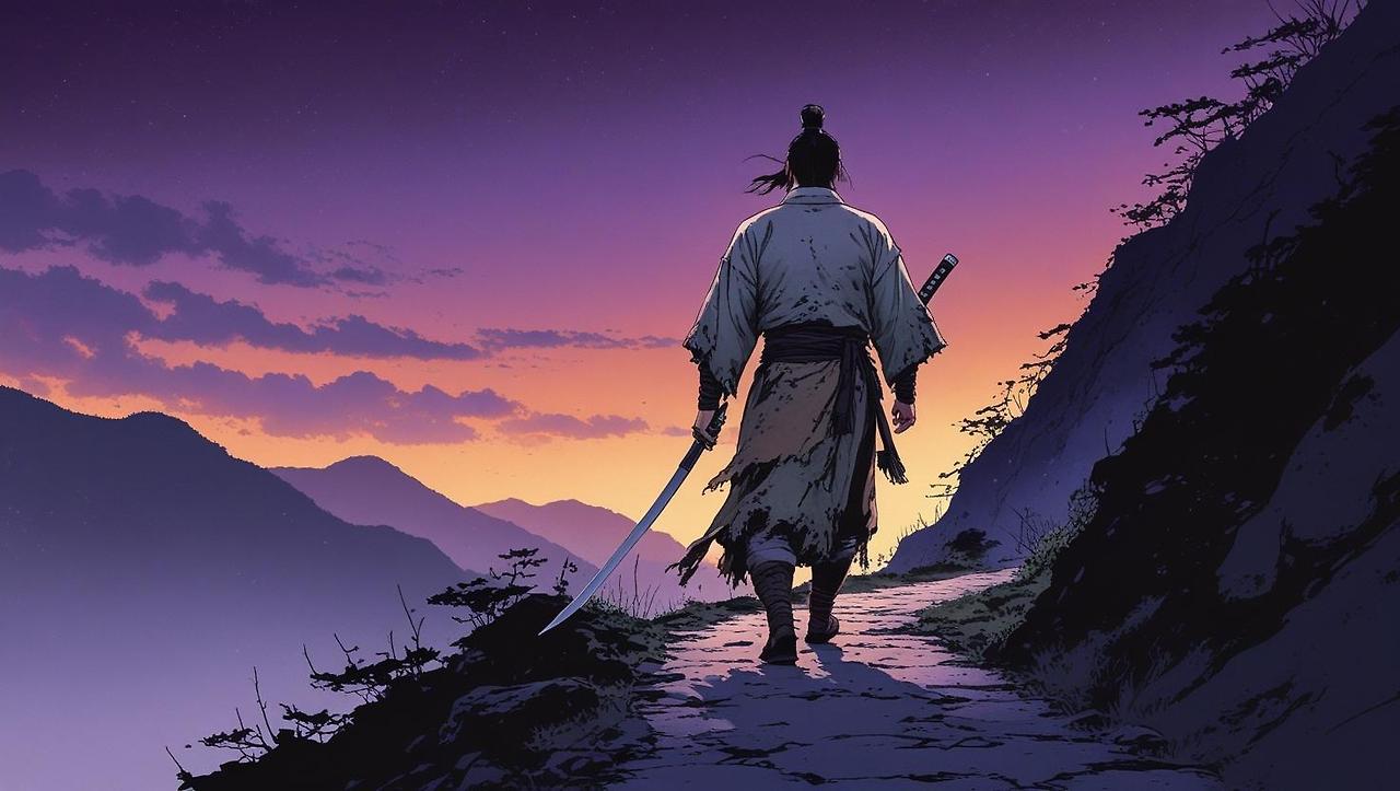 _A lone Korean warrior in tattered robes walking along a narrow mountain path at dusk. The sky is vast and cold, but his steps are steady. In his hand is a sheathed sword. No one is around, only wind and fading (1).jpg
