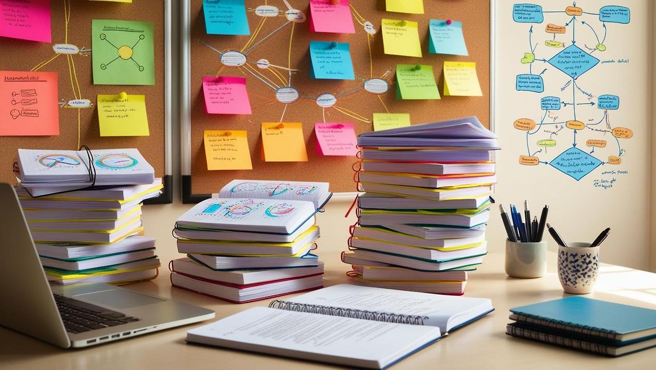 A neat, well-organized student desk with handwritten notebooks, a laptop, sticky notes on the wall, and pens in a cup. The notes should show diagrams, flowcharts, and colorful underlines. The scene should refle (1).jpg