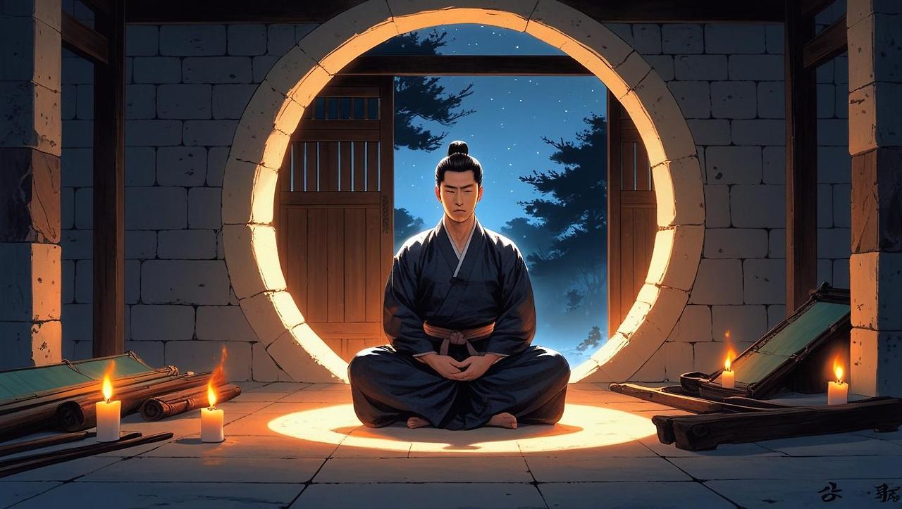 “A Korean martial artist sits cross-legged in a quiet stone chamber, lit by the warm glow of several candles. Ancient scrolls and weathered training tools are scattered nearby. His expression is calm and focuse (4).jpg