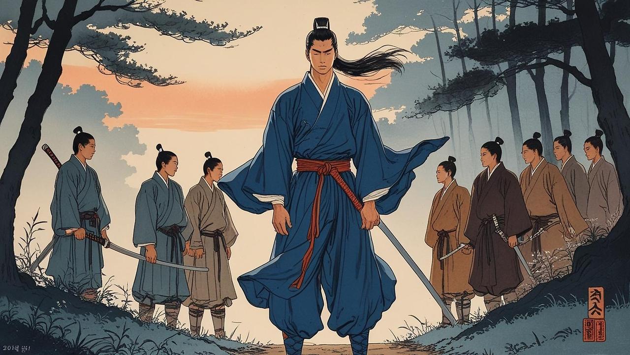 “A Korean martial artist standing silently by a forest path at dawn. His sword remains sheathed. His gaze is calm and unwavering as wind gently moves his robes. In front of him, several challengers hesitate, se (1).jpg