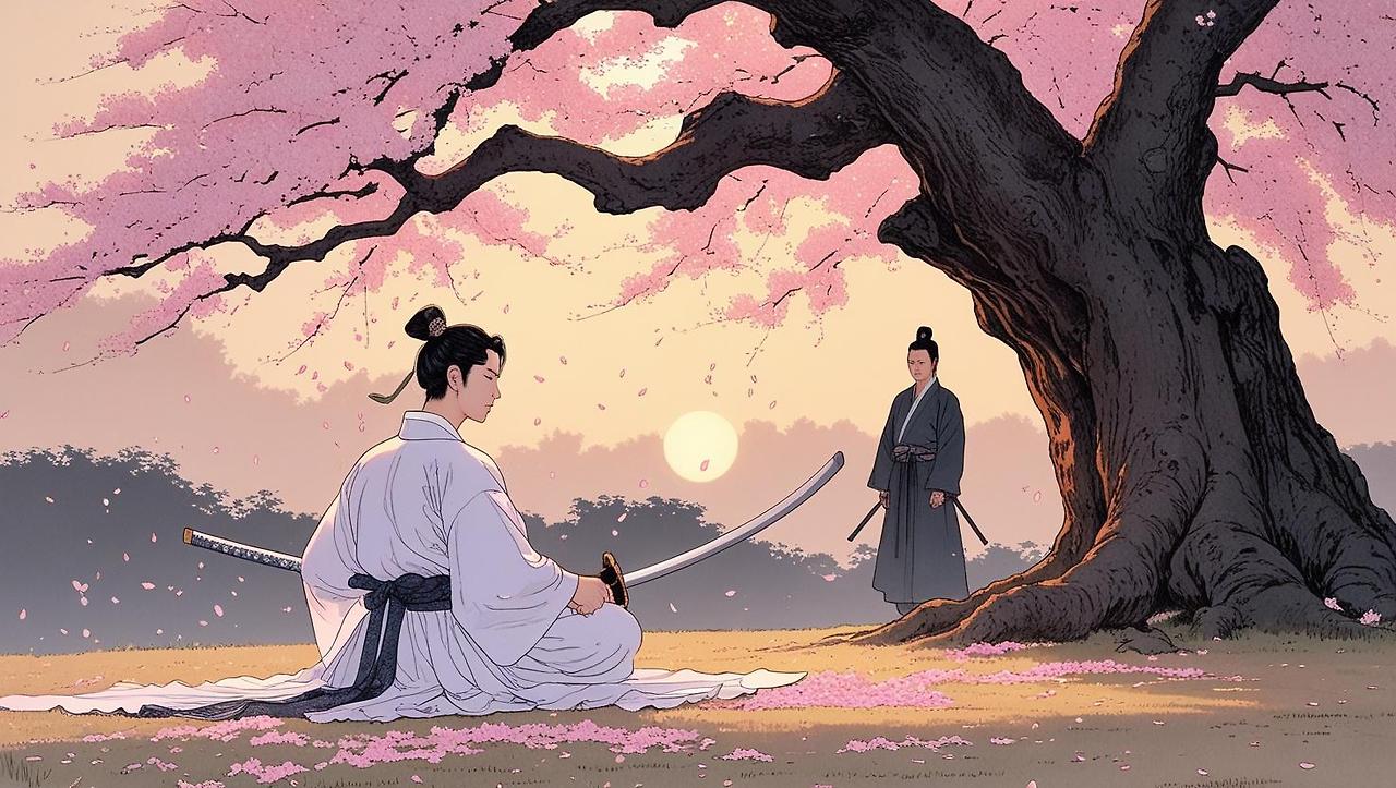 _A Korean swordsman meditating under a large ancient tree, while petals fall slowly around him. Time seems to stand still. In the distance, a former enemy watches silently with lowered eyes — no attack, only qu (1).jpg