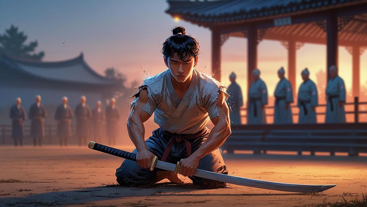 _A young Korean martial arts trainee with torn sleeves, sweating and kneeling alone in a training ground at dusk. He holds a wooden sword, visibly exhausted, but his eyes burn with determination. In the backgro (2).jpg