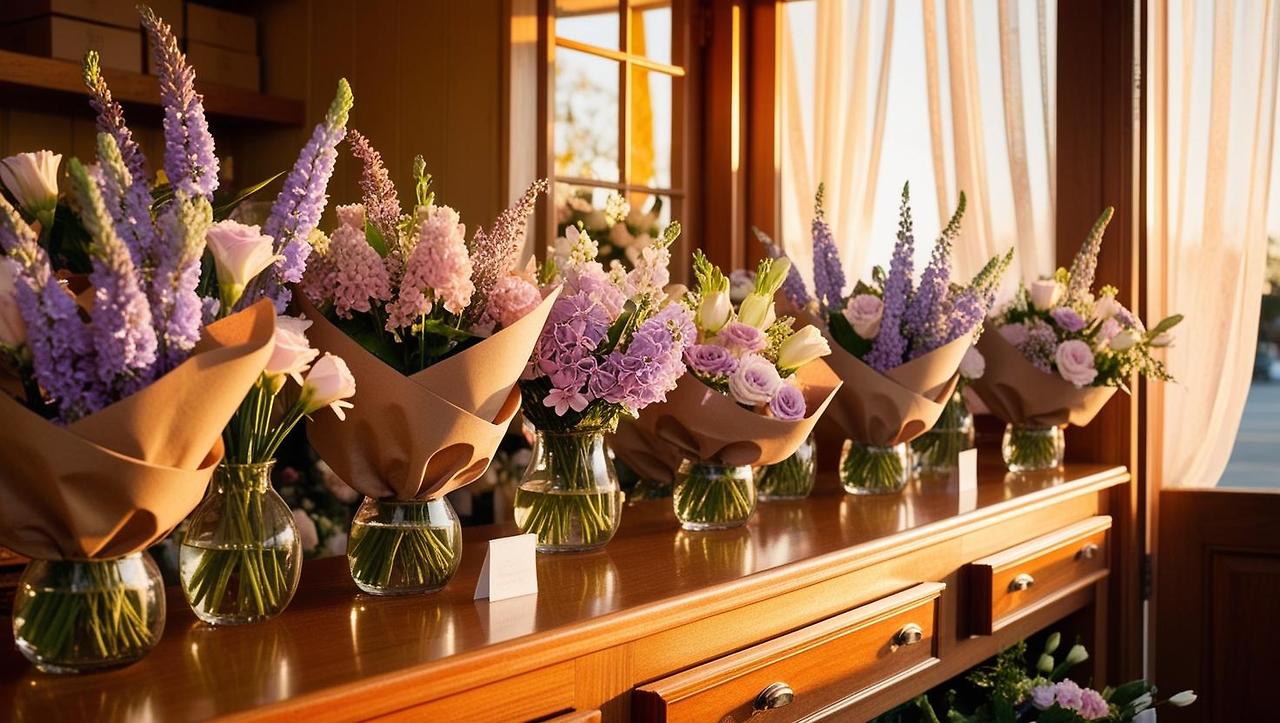 A small flower shop in golden-hour lighting, wooden counters lined with pastel-colored flowers, lavender and lisianthus in brown wrapping paper, with a gentle breeze coming through the open door. (6).jpg