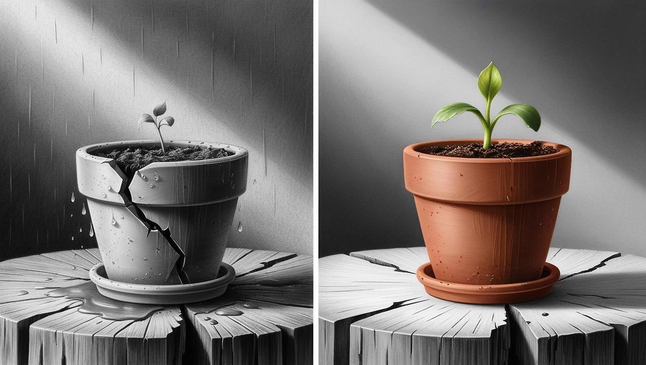 A pencil sketch of two flower pots side by side on a split desk. On the left, the pot is cracked and wet from rain, with no visible sprout—representing “pain.” The soil is muddy, and small drops cling to the edge. .jpg
