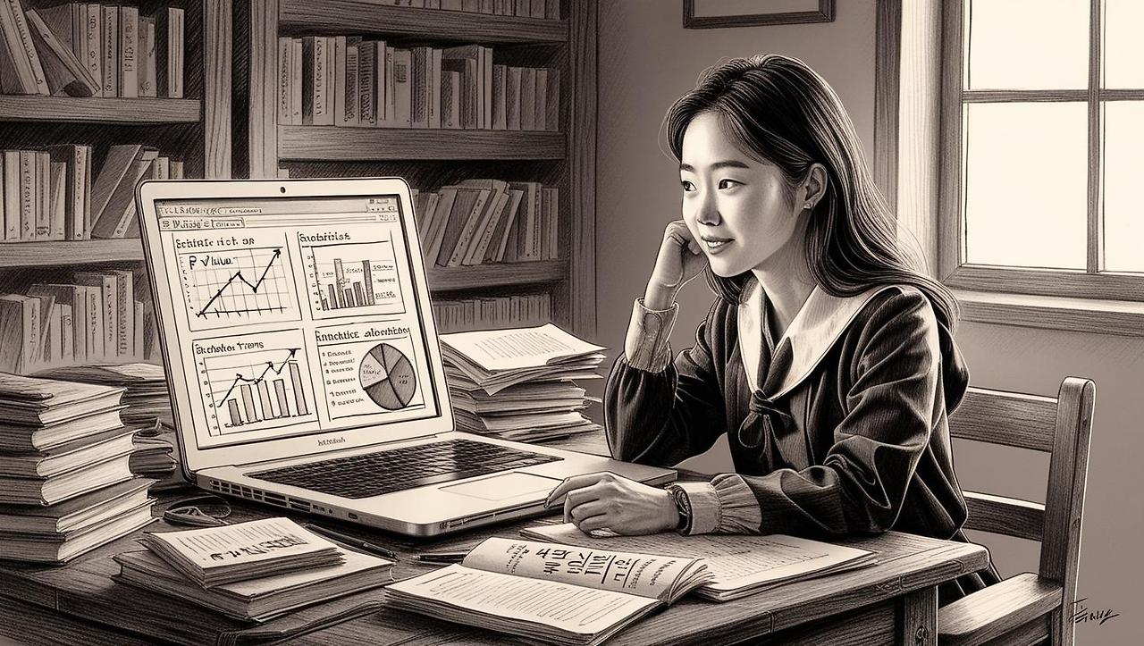 “A young Korean graduate student sitting at a desk, looking confused at a laptop showing statistical graphs or terms like ‘p-value’, with books and papers scattered, warm indoor study room setting”.jpg
