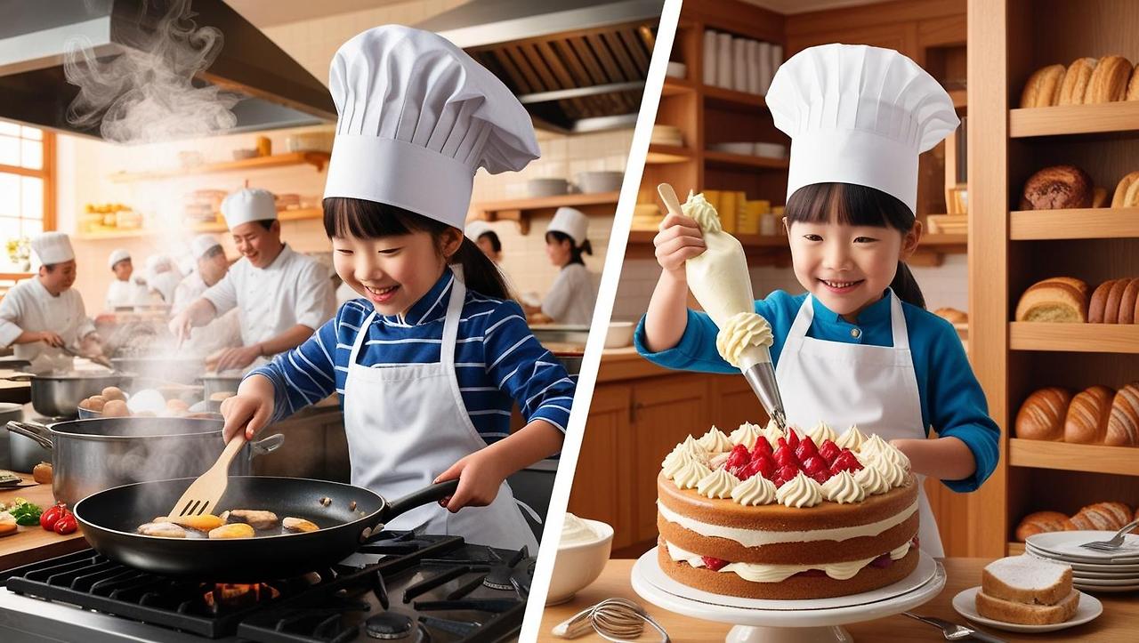 A cheerful split-screen illustration in picture book style showing a Korean child imagining two careers_On the left side the child is dressed as a chef cooking with a frying pan in a restaurant kitchen with steam r.jpg
