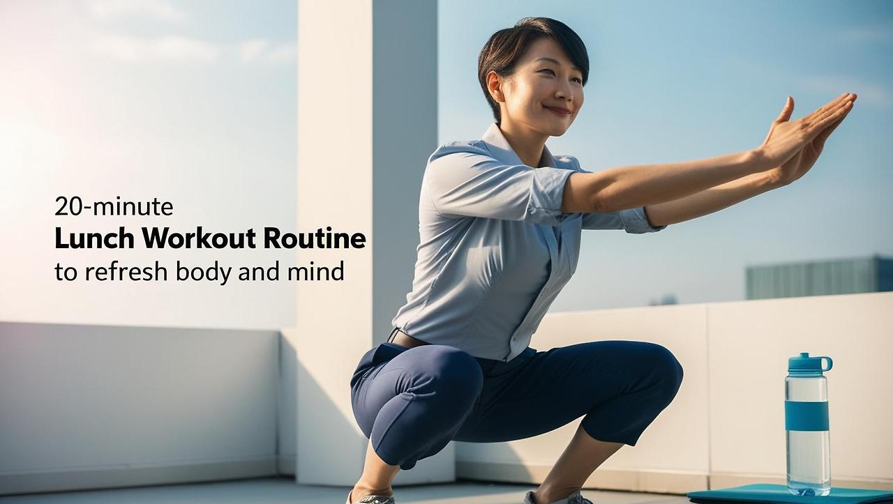 A person doing light exercise during lunch break, stretching arms or doing squats in a quiet office space or rooftop. Midday sun, relaxed but focused expression. Casual work outfit, healthy lifestyle mood. Back (5).jpg