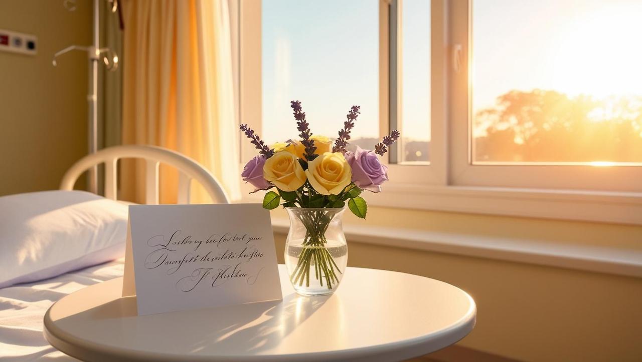 A cozy hospital room during late afternoon, soft natural light streaming through the window, a small bouquet of lavender and yellow roses in a clear glass on a side table, with a handwritten card nearby. (4).jpg