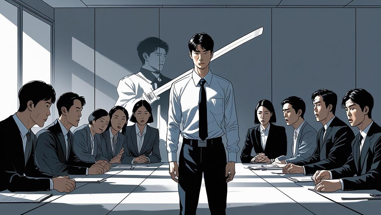 “A Korean office worker in his 30s standing alone in a meeting room, hands calmly at his sides. Around him are co-workers frozen mid-sentence, surprised. Behind him, a faint shadow of a martial artist with a sw (1).jpg