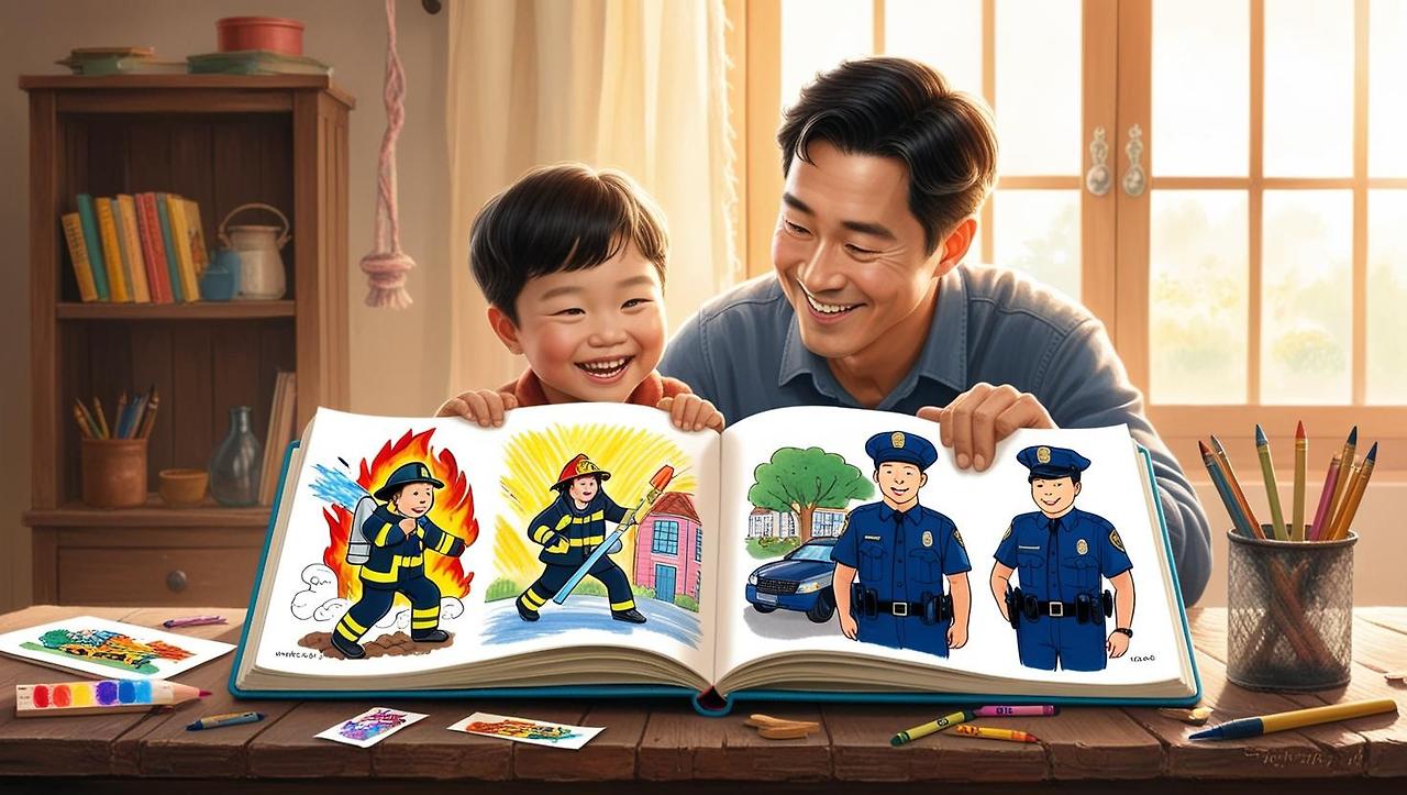A Korean father and child sitting at a wooden desk in a cozy room comparing two jobs in a dream journal_On the left page there is a colorful drawing of a firefighter in action_On the right page there is a drawi (1).jpg