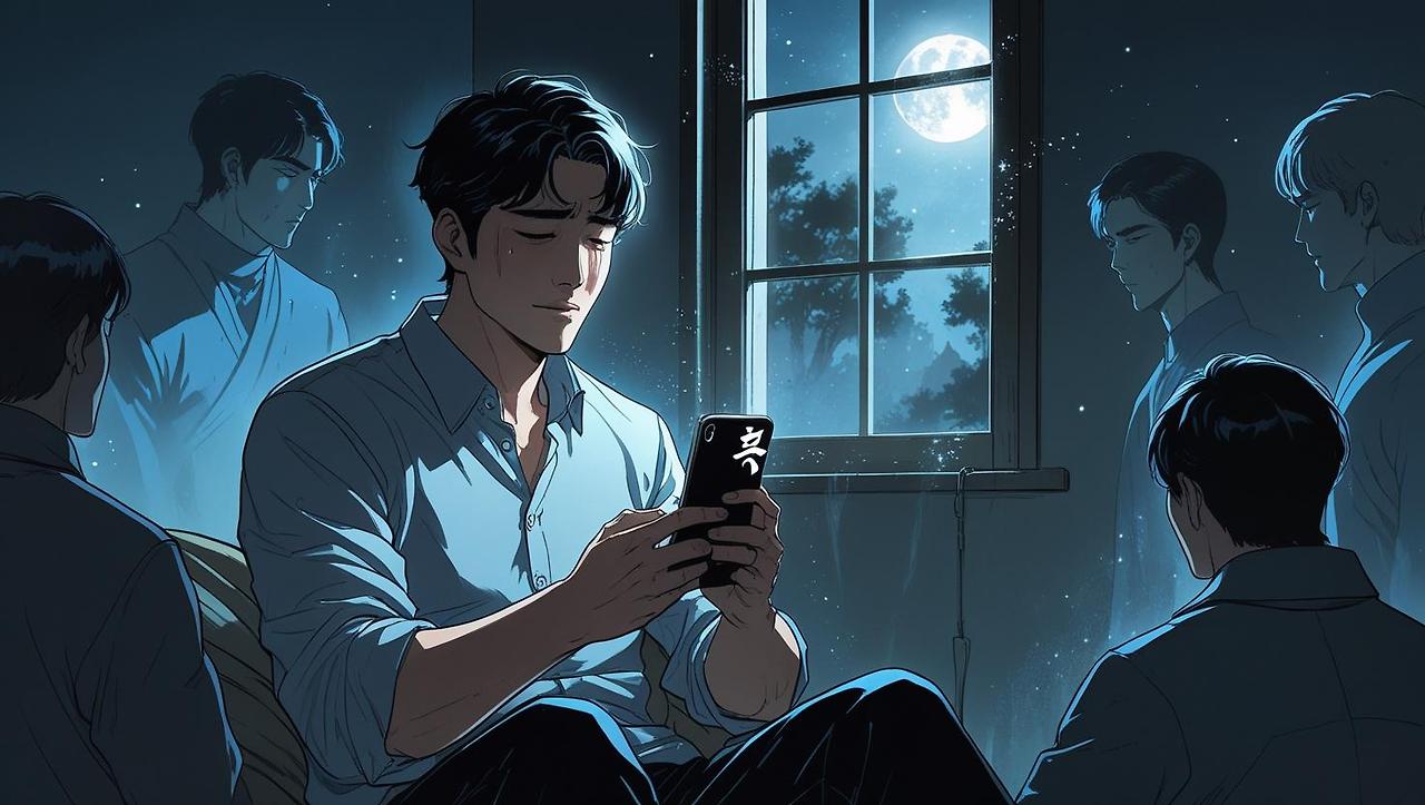 “A Korean man sitting alone in a small room at night, phone in hand, with a faintly glowing screen showing the last panel of a martial arts webtoon. Around him are shadows of past characters — warriors, mentors, fr.jpg