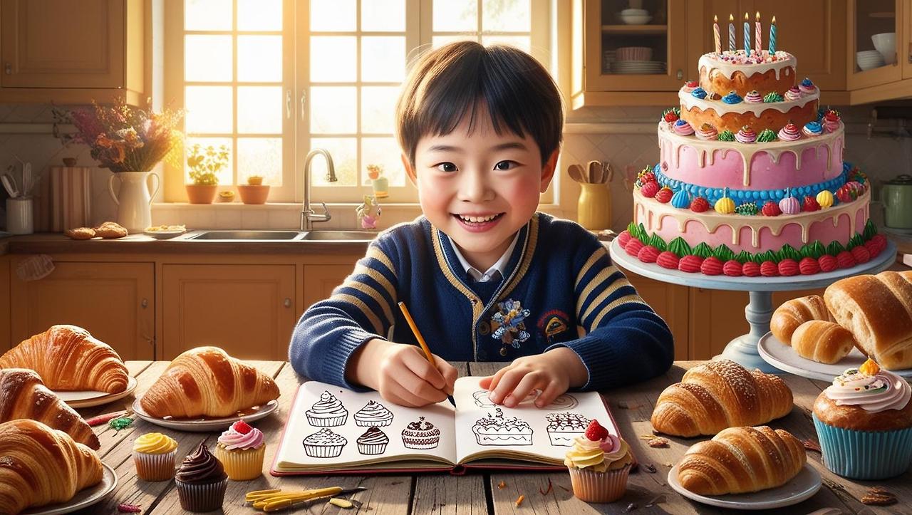 A cozy illustration of a Korean elementary school child sitting at a wooden table in a bright kitchen happily drawing cakes and breads in a sketchbook_The table is filled with croissants cupcakes rolls and a bi (1).jpg
