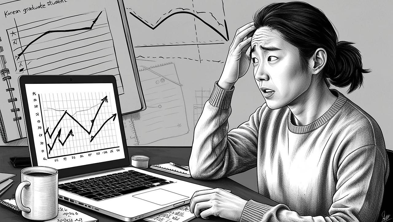 “A Korean graduate student staring at a line graph that doesn’t fit, scratching their head in frustration, a coffee mug beside the laptop, background shows notes with curved trend lines drawn” (1).jpg