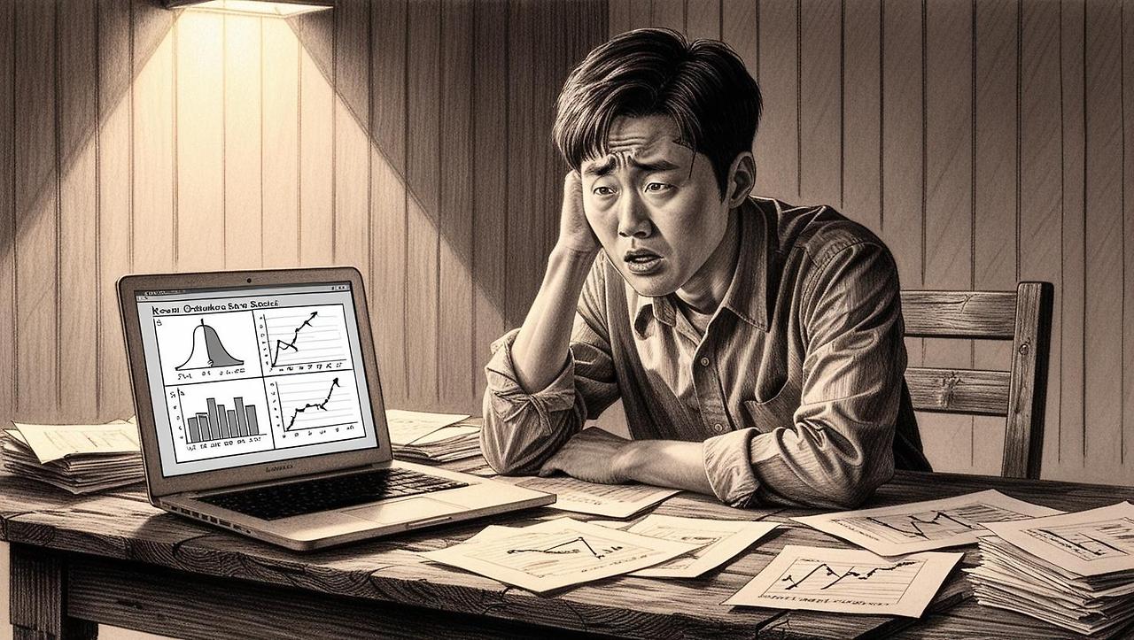 _A Korean graduate student sitting at a wooden desk, confused and stressed, with a laptop showing statistical graphs (like bell curves or p-values), papers scattered around, warm-toned indoor lighting_.jpg