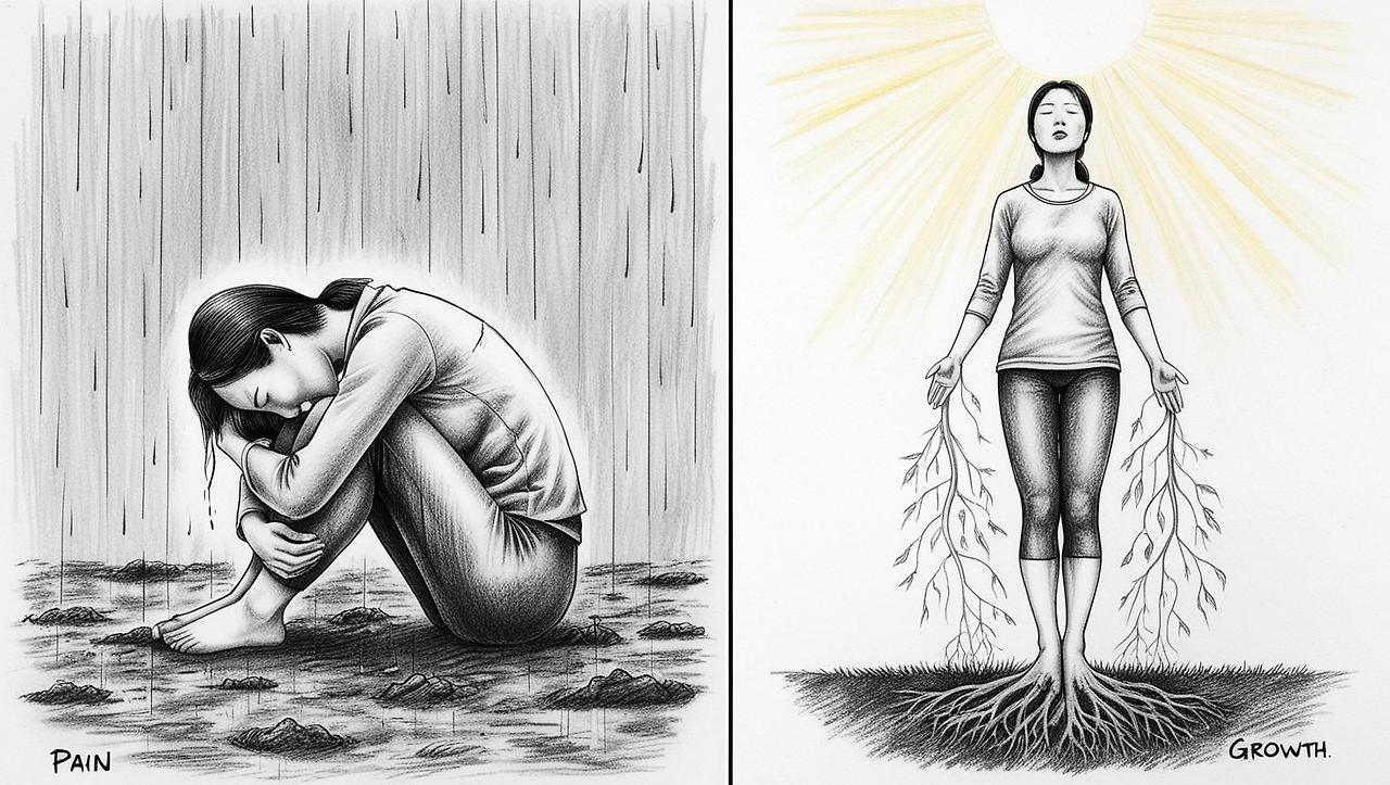 A pencil sketch divided vertically. On the left side, a Korean person sits curled up on the ground under heavy rain, head down, arms hugging their knees—representing “pain.” The lines are soft but heavy, with visib.jpg