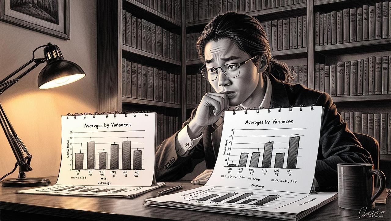 “A Korean grad student looking at two bar graphs with similar averages but different variances, puzzled and thinking deeply, in a cozy study space with warm light and books” (1).jpg