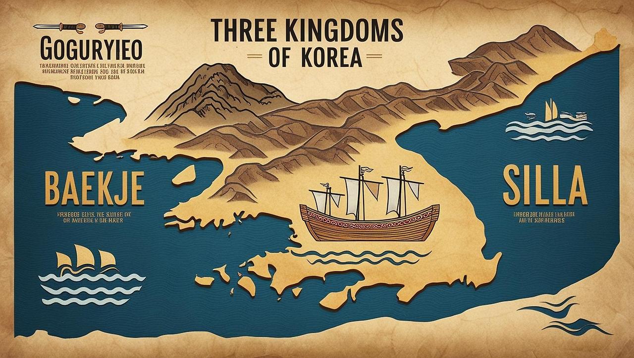 An educational illustrated map showing the Three Kingdoms of Korea – Goguryeo in the north, Baekje in the west, and Silla in the southeast. Include symbolic icons_ mountain and swords for Goguryeo, ship and wav (2).jpg