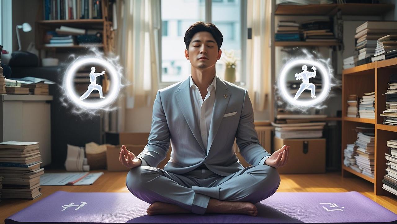 _A Korean man in his mid-30s wearing office clothes, sitting cross-legged on a yoga mat in a small, messy apartment, eyes closed in meditation. Around him float faint ghost-like martial arts diagrams and glowing ci.jpg