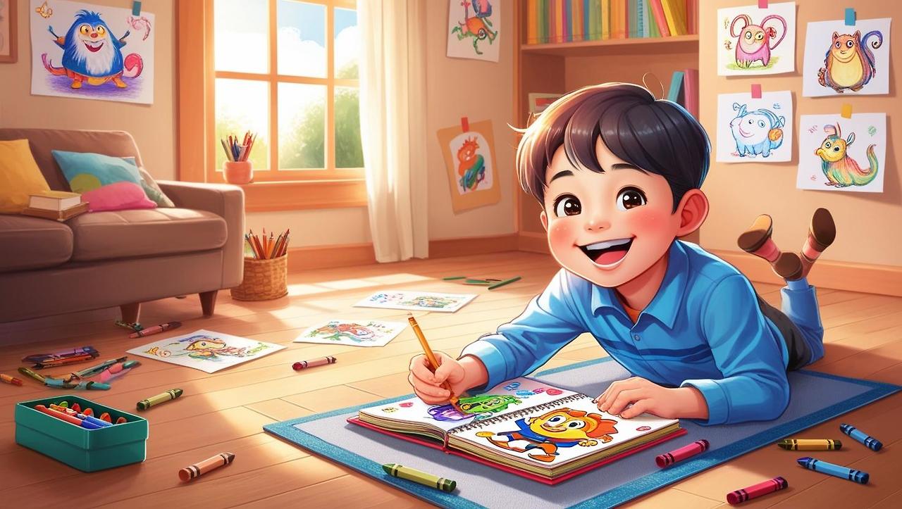 A cheerful Korean elementary school-aged boy sitting on the floor of a sunny living room, happily drawing his own cartoon character in a colorful sketchbook. Art supplies like crayons, markers, and colored penc (1).jpg