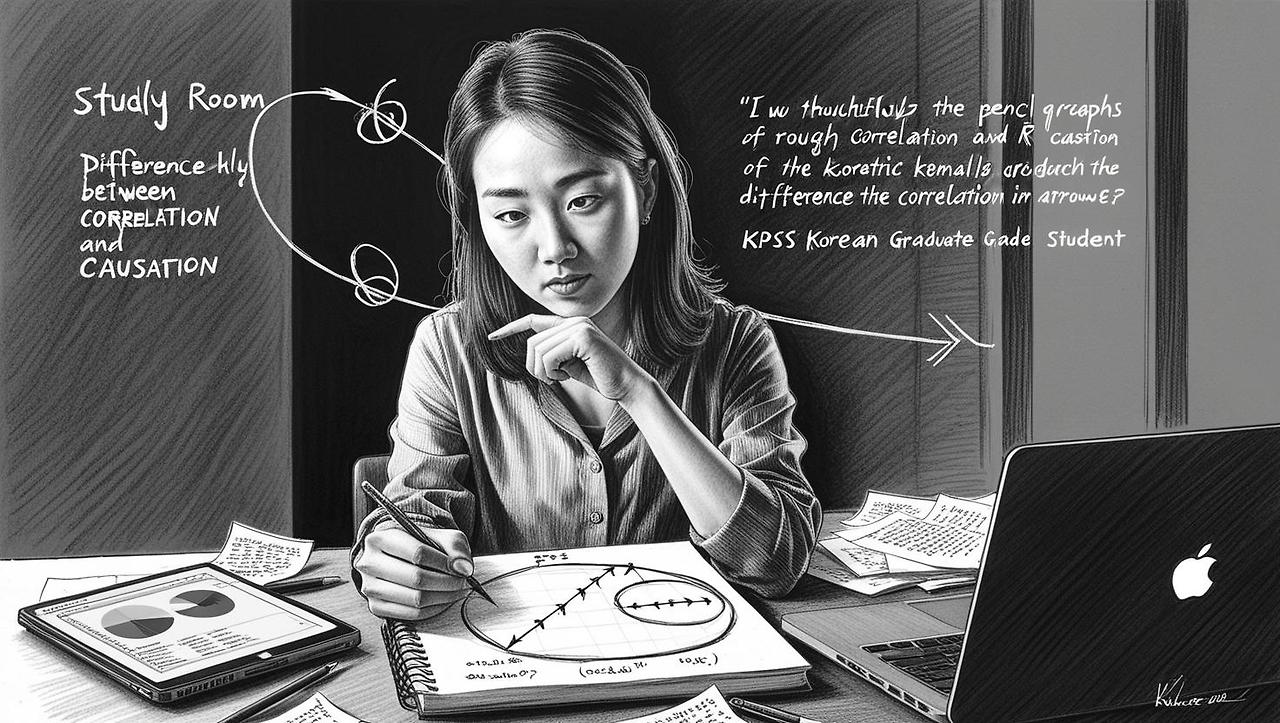 “A Korean grad student drawing two circles connected by an arrow and a line graph, pondering the difference between correlation and causation, in a study room with notes and a laptop open to SPSS or R Studio” (3).jpg