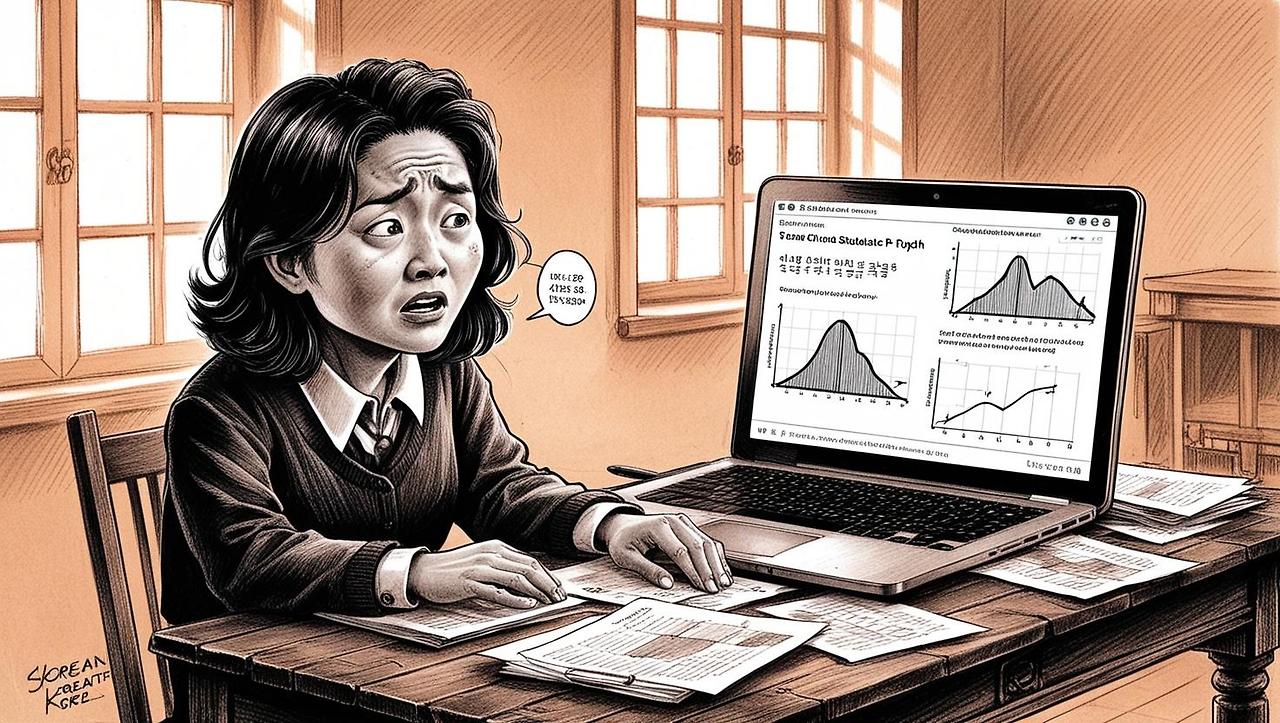 _A Korean graduate student sitting at a wooden desk, confused and stressed, with a laptop showing statistical graphs (like bell curves or p-values), papers scattered around, warm-toned indoor lighting_ (1).jpg