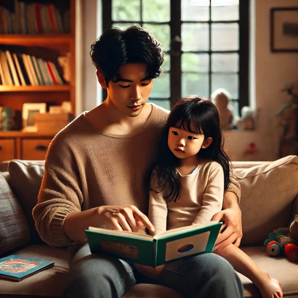 DALL·E 2024-10-14 21.22.01 - A cozy living room with a Korean father and his young daughter sitting together on a couch, reading a children's book. The daughter, around 7 years ol.jpg