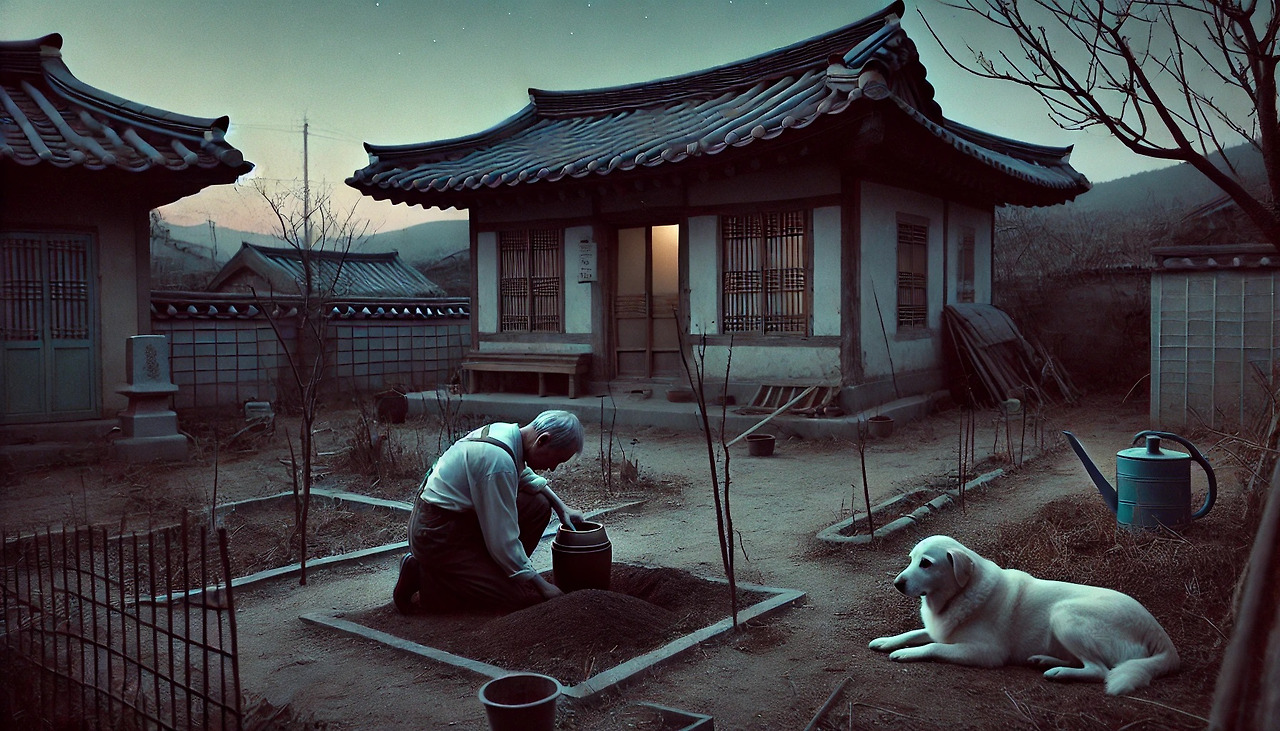 DALL·E 2024-11-01 22.35.23 - A somber scene of a modest, aged Korean house with a man kneeling in the garden, burying a small urn in the ground. He is visibly sorrowful, his head .jpg