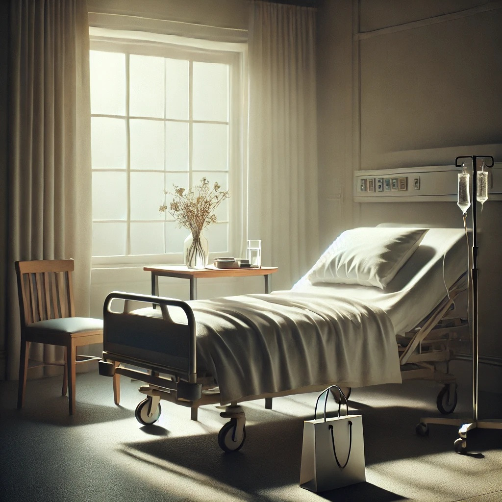 DALL·E 2025-02-02 16.50.25 - A solemn yet serene hospital room scene, evoking a sense of quiet reflection and emotion. The room is softly lit by natural light filtering through a .jpg