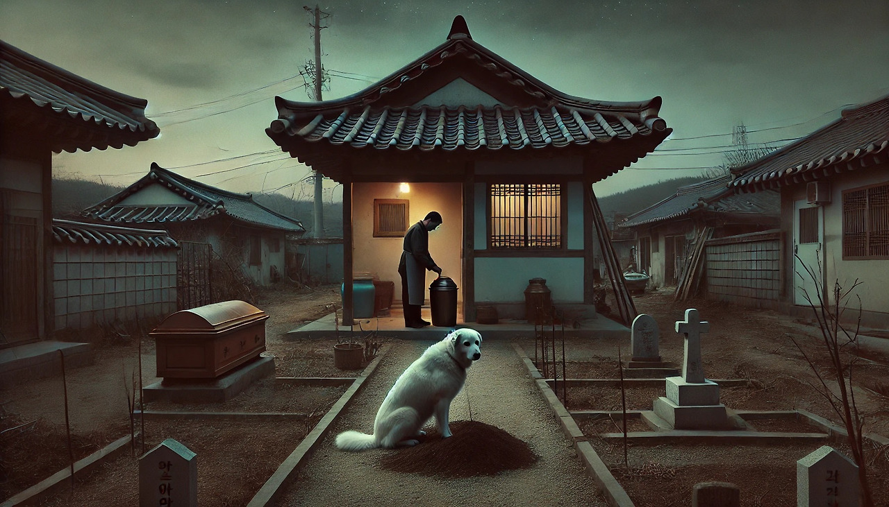DALL·E 2024-11-01 22.33.56 - A melancholic scene of a small, modest Korean house with an old, white dog tied in the yard. A man, somber, is burying an urn in a quiet corner of the.jpg