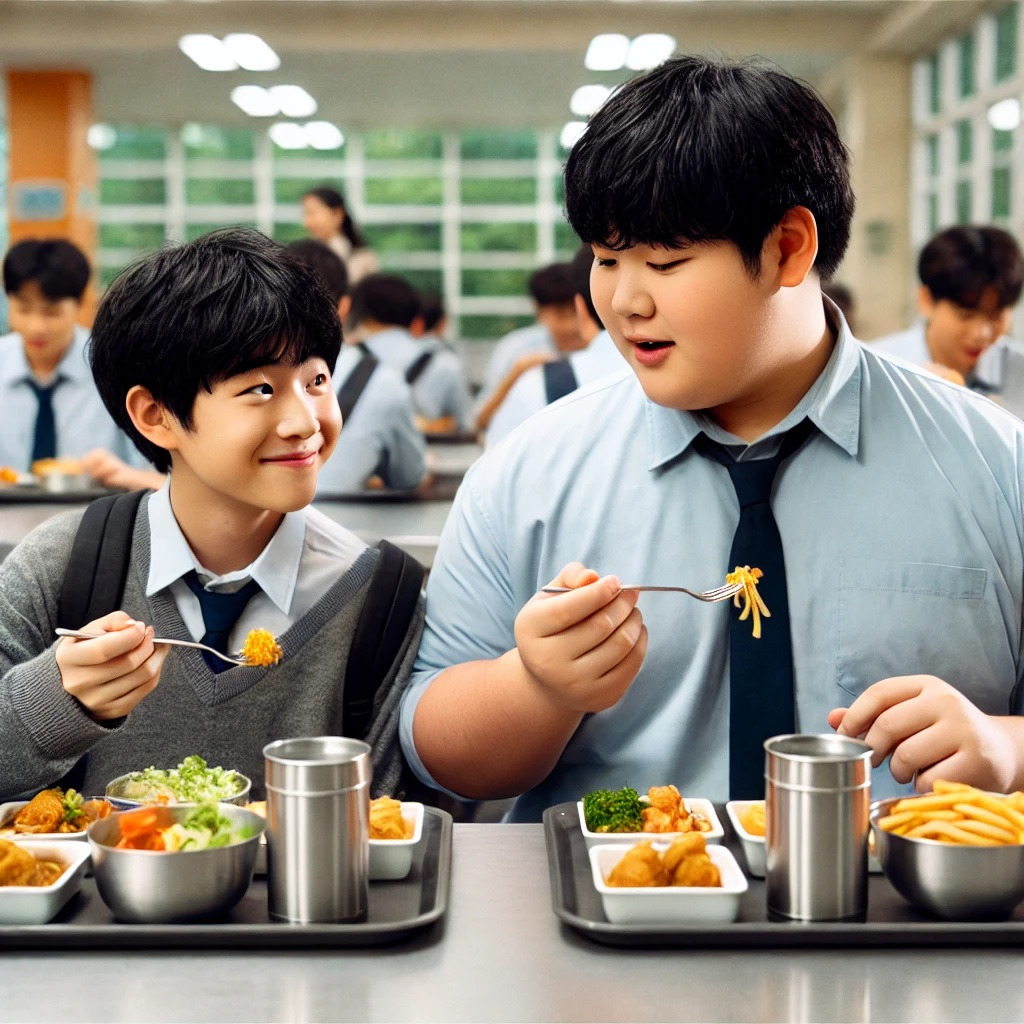 DALL·E 2024-10-14 21.24.41 - Two large boys sitting together in a school cafeteria, one boy with a tray full of food and the other with a smaller portion. The boys are eating and .jpg