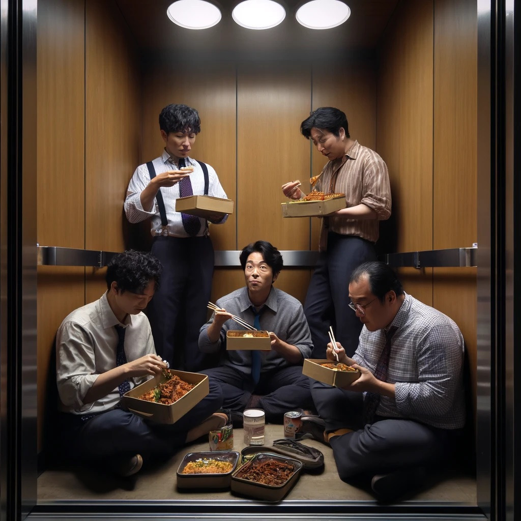 DALL·E 2024-10-14 21.10.16 - A humorous scene of four Korean men trapped in a small elevator with the doors fully closed. The men are sitting on the floor, eating packed lunches, .jpg