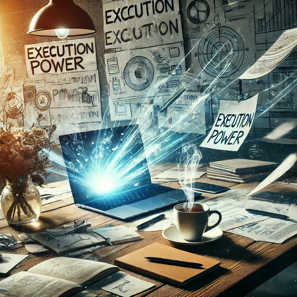 DALL·E 2025-02-27 15.41.23 - A workspace filled with energy and execution power. A table with scattered notebooks, teacups, a glowing laptop screen, and a whiteboard covered in br.jpg