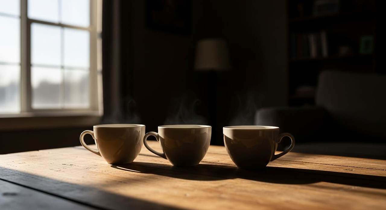 2.늦은 오후의 조용한 거실. 낡은 나무 식탁 위, 나란히 놓인 세 개의 찻잔.jpg