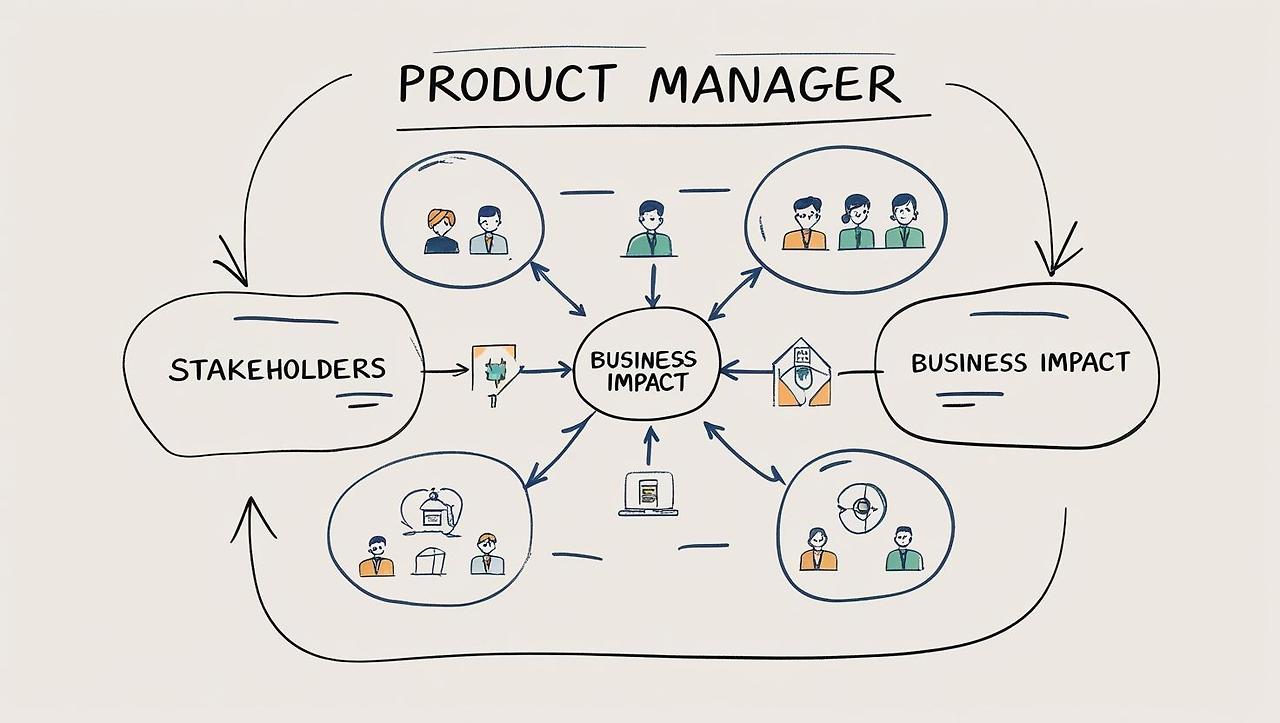 I'm writing a blog post about decision making for product manager. Can you create an image for my blog about decision making process_ I want to include concept like _Stakeholders_ and _Business Impact_ in the blog. The image should be hand-.jpg
