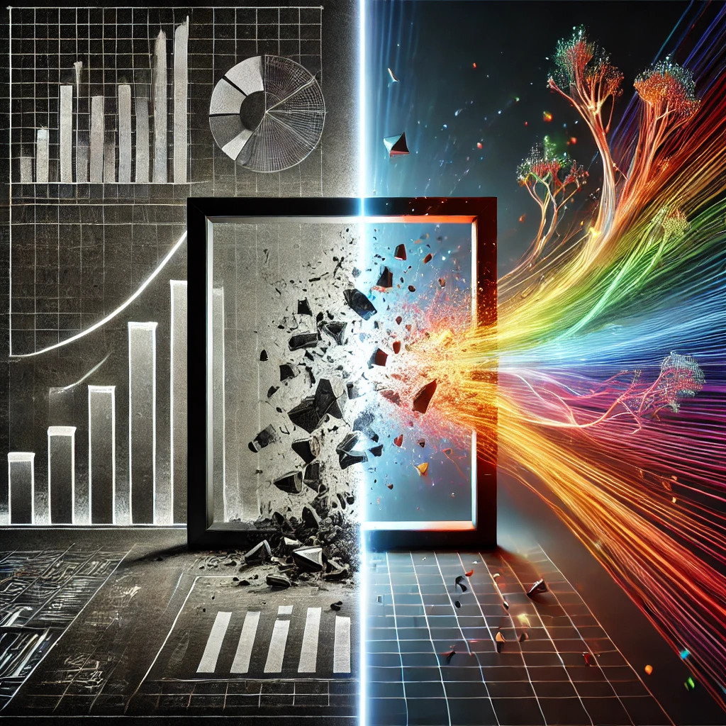 DALL·E 2025-04-07 20.30.06 - A photorealistic digital art concept titled 'Breaking the Frame of Growth'. At the center, a hard, rigid square frame symbolizing a traditional busine.jpg