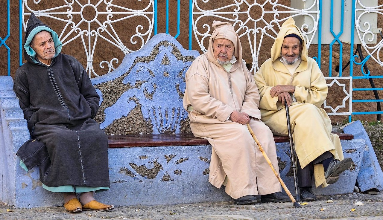 Morocco, Chefchaouen, 3 men in town square, Feb. 2016, 1397.jpg