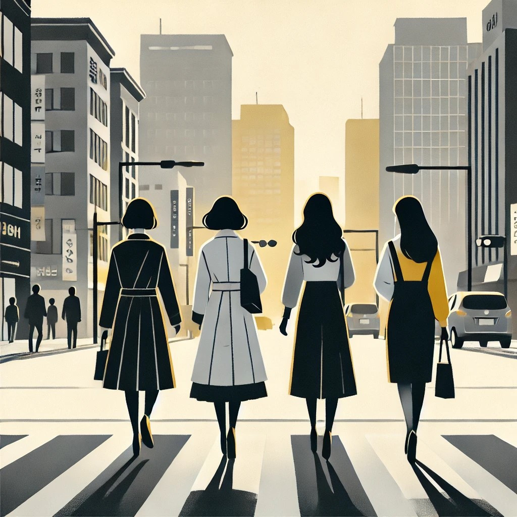 DALL·E 2024-06-30 14.07.16 - An illustration in simplified forms, using a monochrome palette of black, grey, white, and warm yellows, depicting four Asian women walking on a morni.jpg