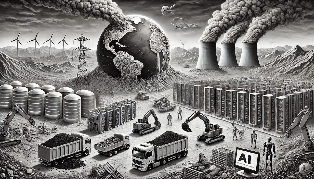 DALL·E 2024-10-12 16.23.12 - A widescreen grayscale illustration critiquing AI for its environmental destruction. The scene shows AI-driven machines extracting minerals like coppe.jpg
