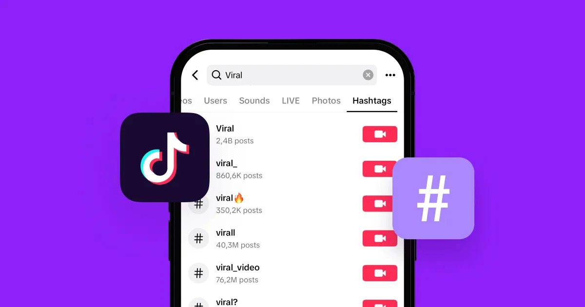 66ba4ea33826cf12e3872940_Phone displaying a hashtag’s page on TikTok with the logo and hashtag symbols around it.jpg