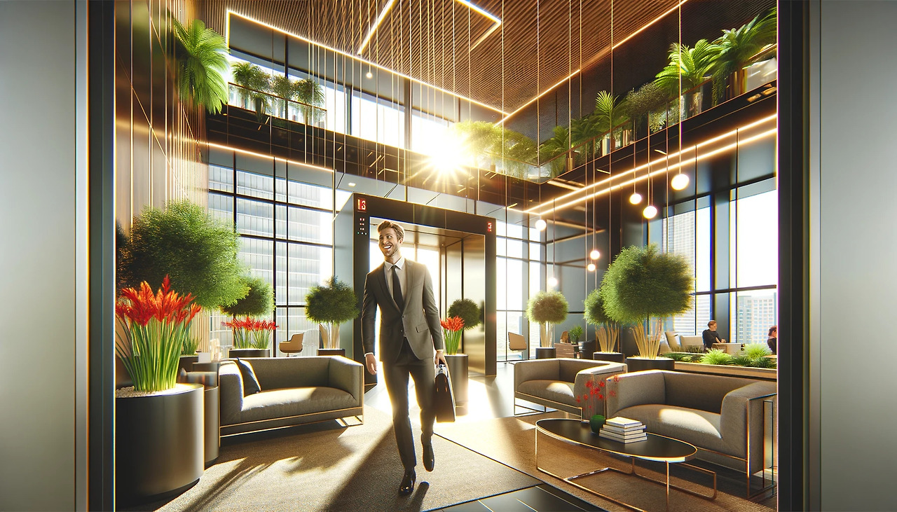 DALL·E 2024-02-26 20.49.59 - Digital art of a modern office lobby flooded with natural light, with sleek furnishings and vibrant greenery creating a welcoming and invigorating atm.jpg