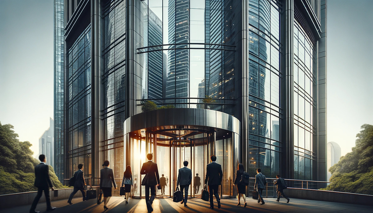 DALL·E 2024-02-26 20.49.53 - Photography of a modern office building towering against the skyline, its glass facade reflecting the morning sunlight. A stream of office workers ent.jpg