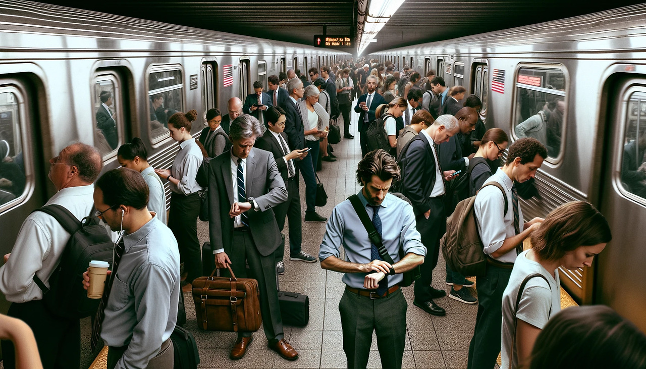 DALL·E 2024-02-26 20.49.51 - Photography of a crowded subway platform filled with people waiting for the train, each person lost in their own thoughts and routines. Include a wear.jpg