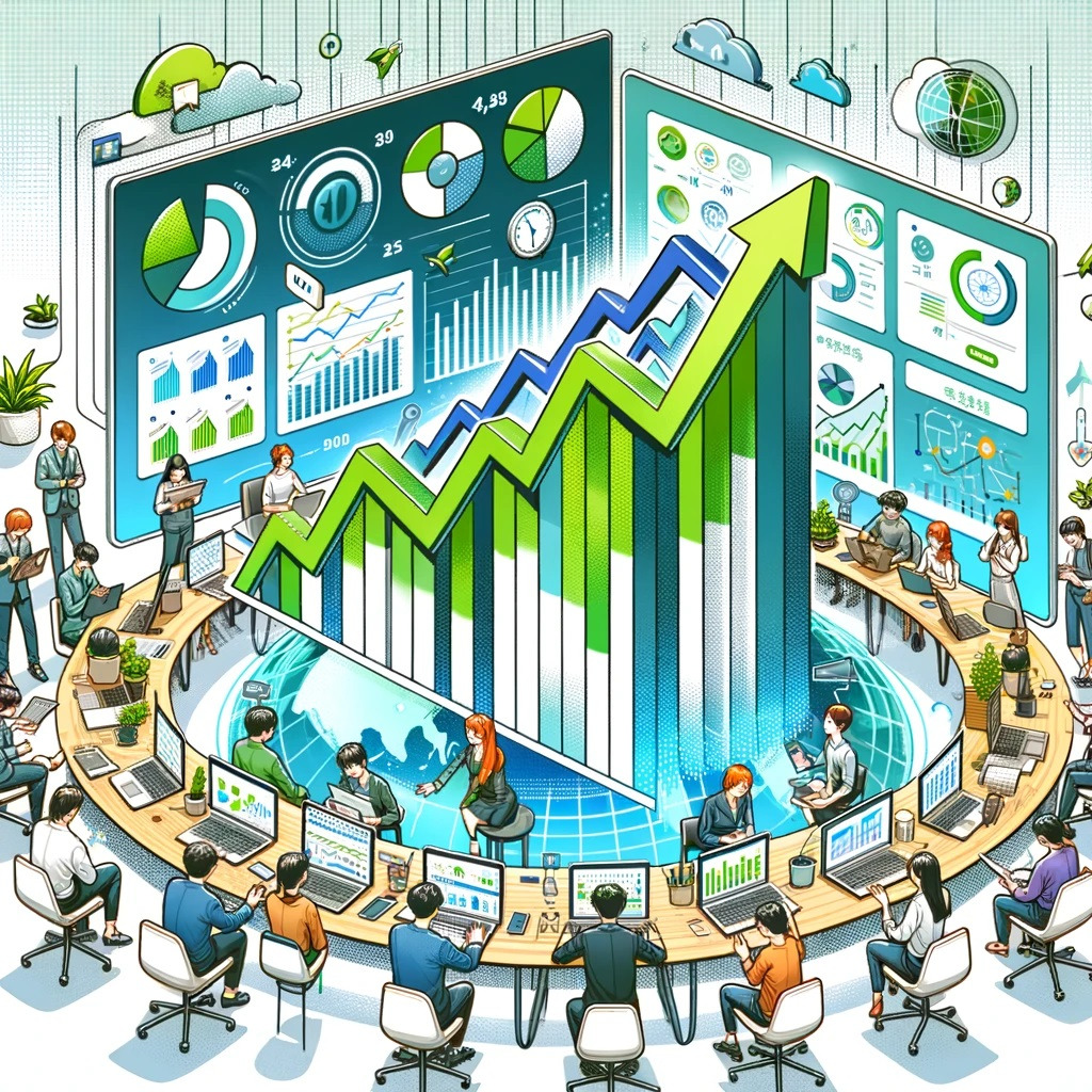 DALL·E 2024-05-06 15.08.56 - A colorful and detailed illustration in the style of a Korean webtoon, depicting a digital business environment. The scene includes a large, prominent.jpg