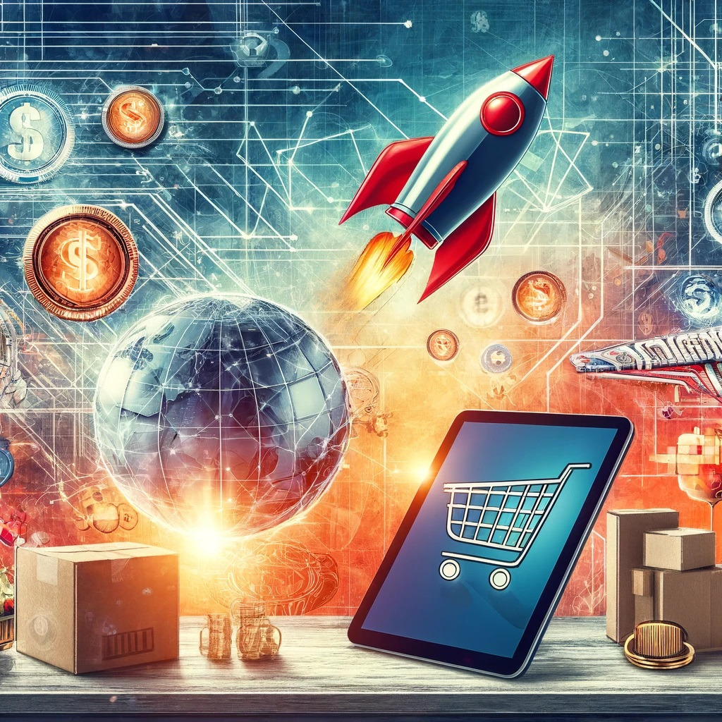 DALL·E 2024-04-12 20.54.43 - A digital collage illustrating the concept of an e-commerce subscription service price increase. The image includes icons of a shopping cart, a rocket.jpg