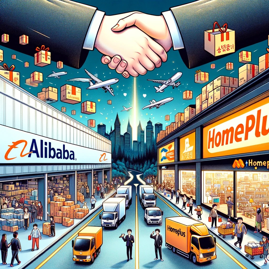DALL·E 2024-05-22 16.44.22 - A Korean webtoon style illustration showing a bustling e-commerce scene. One side features the iconic Alibaba logo and warehouses, with delivery truck.jpg