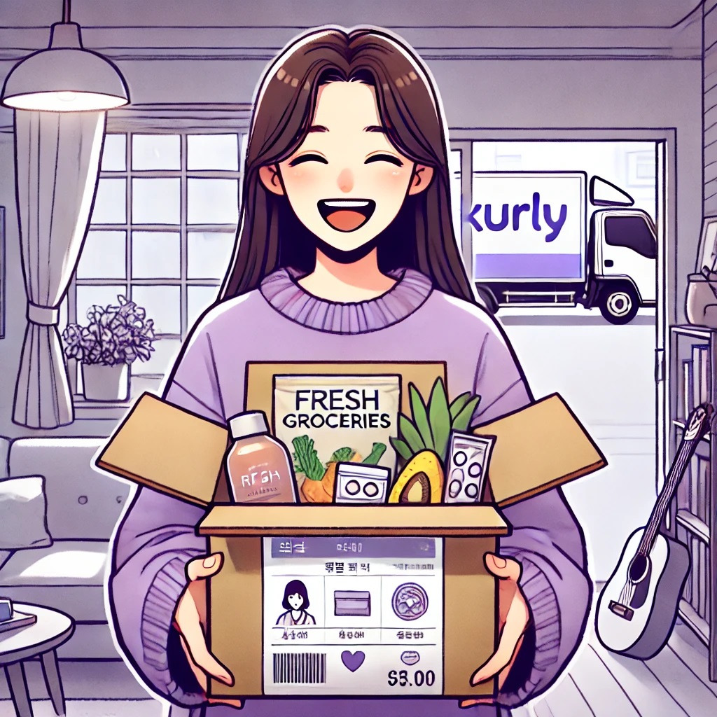 DALL·E 2024-11-20 22.07.02 - Design a Korean webtoon-style thumbnail illustration with a purple theme, showing a delighted customer opening a package from Kurly. The package revea.jpg