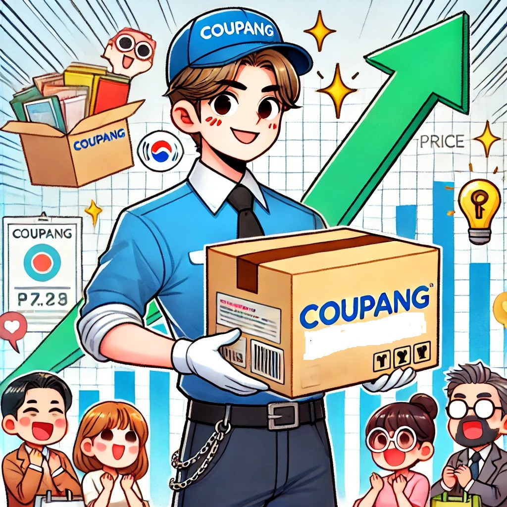 DALL·E 2024-07-21 23.10.27 - A Korean webtoon-style thumbnail illustrating Coupang's price hike. The image should feature a cheerful and confident delivery person holding a large .jpg